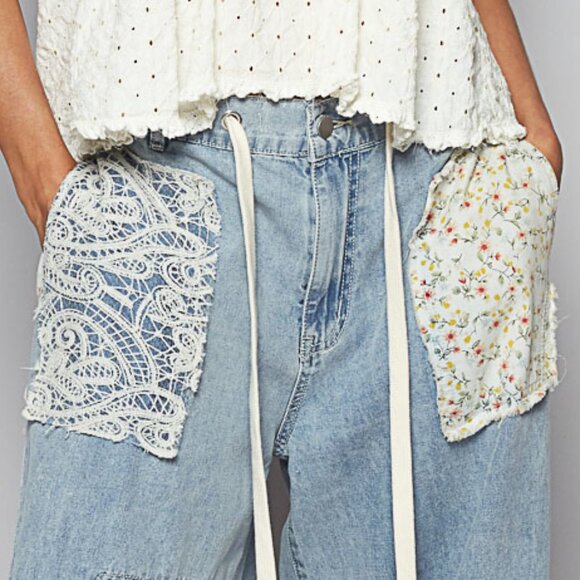 POL Super Baggy Floral Lace Patchwork Faded Oversized Wide Leg Baggy Denim Jeans - Picture 3 of 9